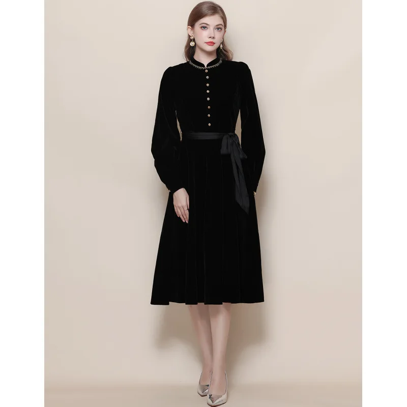 

Винтажная женская юбка A-силуэта Ele из черного бархата с высокой талией, бантом и воротником-стойкой, длинными рукавами, в уличном стиле, из полиэфирного волокна