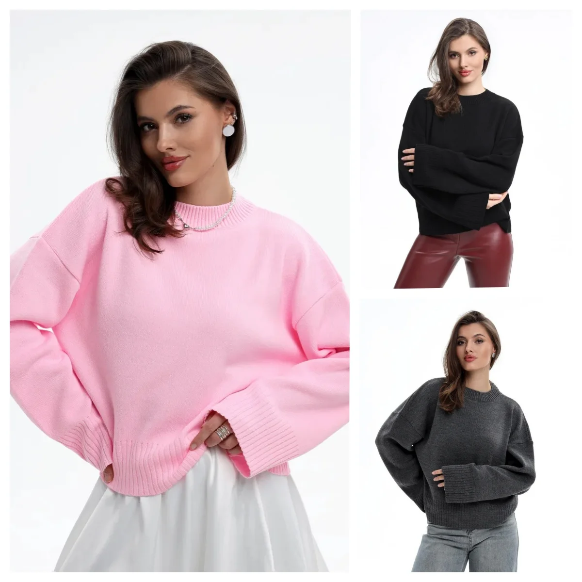 

Autumn Pink Knitwear Sweater Pullover For Women Round Neck Long Sleeve Fashion Loose Cute Y2k Top Female Knit Elegant Pullove
