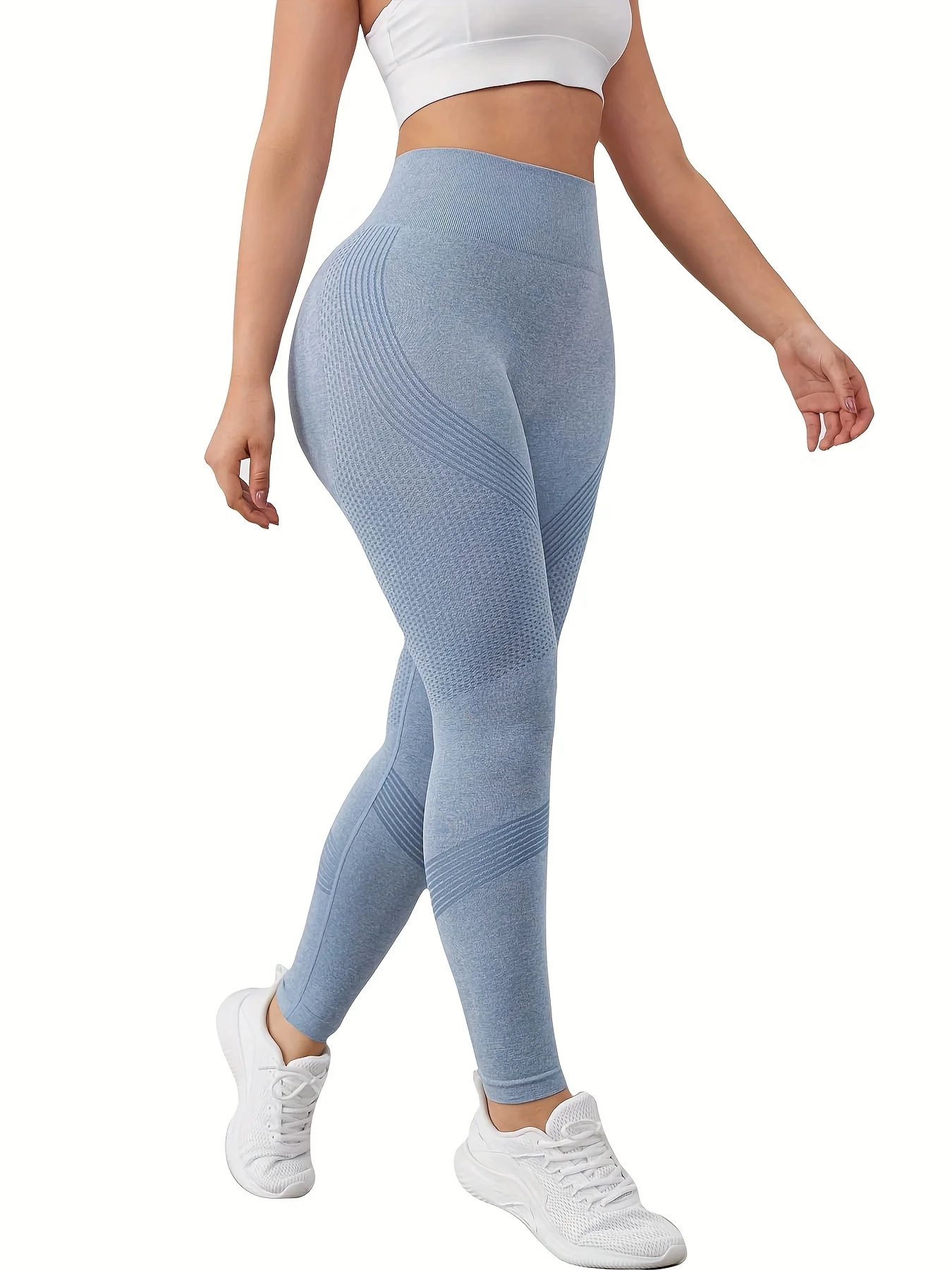 Women Seamless High Waist Yoga Leggings Striped Texture Workout Gym Fitness Pants Tummy Control Sports Trousers