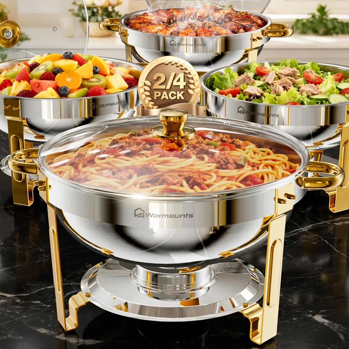 

Golden Chafing Dish Buffet Set 5QT, 2/4 Pack Stackable Stainless Steel Round Chafing Dishes for Buffet with Glass Lid & Holder,