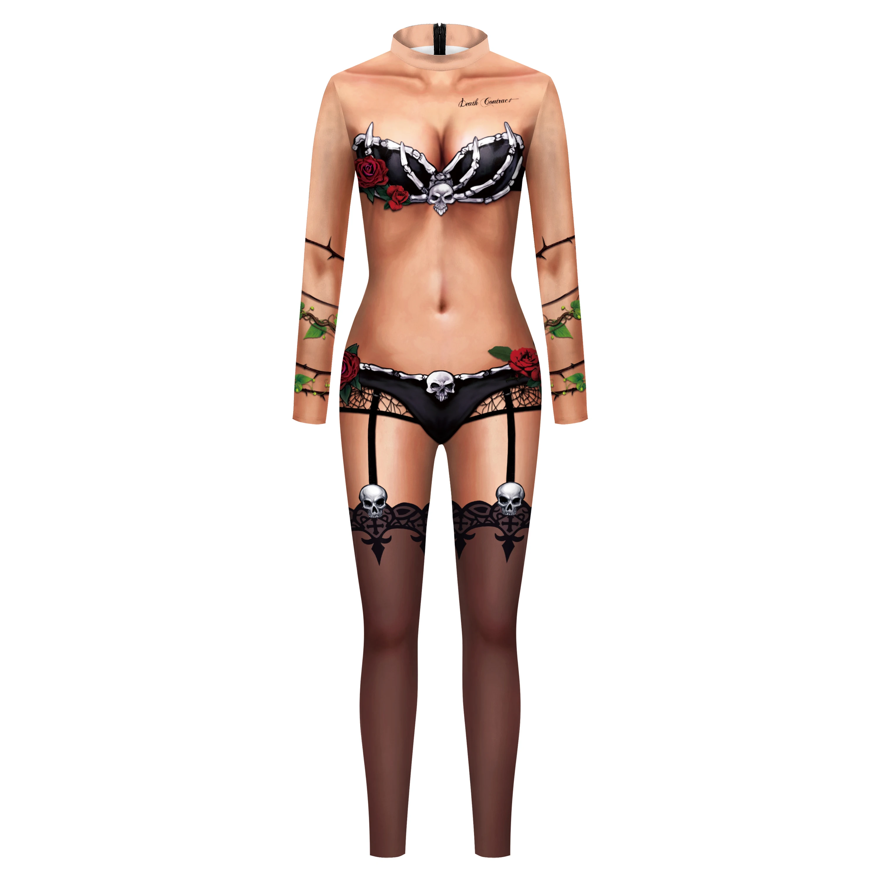 ผู้หญิงคอสเพลย์เครื่องแต่งกาย 3D จําลองบิกินี่ Skull พิมพ์วันหยุด Jumpsuit เซ็กซี่ Zentai สูทแขนยาวผู้ใหญ่ Art Bodysuit