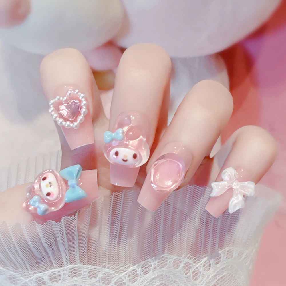 24Pcs/box Pink Sanrio Melody Fake Nails Handmade3D Rhinestone  Cartoon Anime Press on Nails Patches  Full-Cover Melody Nail Tips