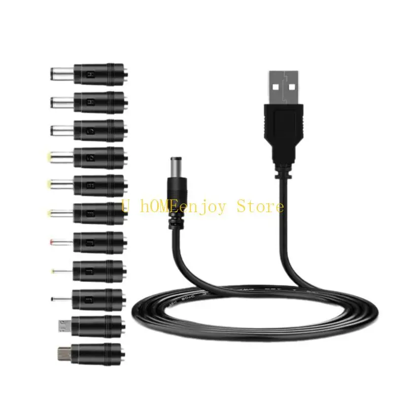 B0KF 1 Set USB to 5.5x2.1mm 5V Charging Cable Cord with 12pcs Adapters for Speaker Hub Splitter Desk Lamps Various Devices