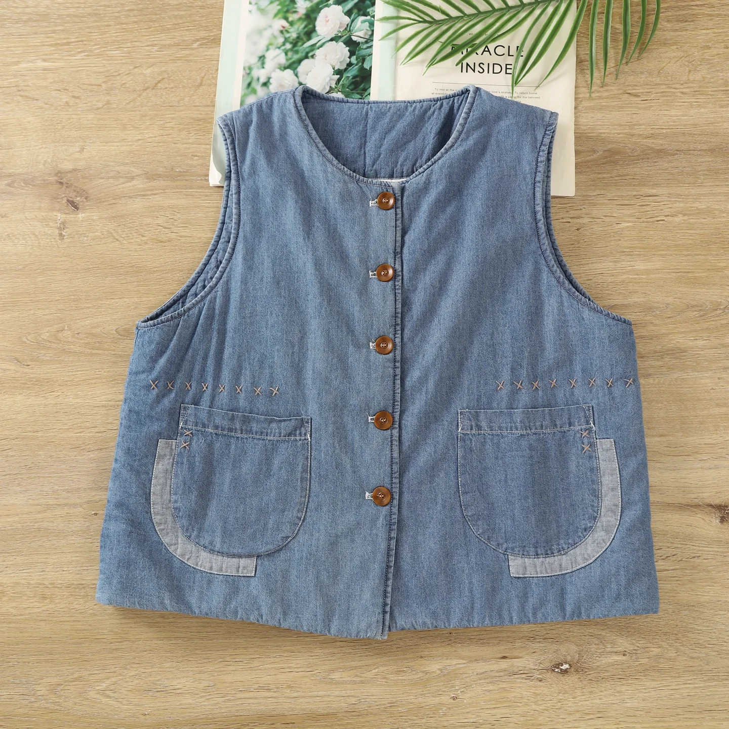 

2026 Mori Girl Cotton Padded Denim Vest Coat for Women Autumn Winter Vintage Single-breasted Sleeveless Denim Jacket