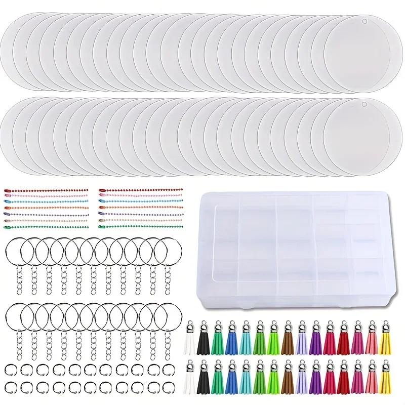 351pcs Sublimation Acrylic Ornament Blanks,DIY Clear Keychains Vinyl Kit,Including 1pc 15Grid Storage Box 100 Round Circle