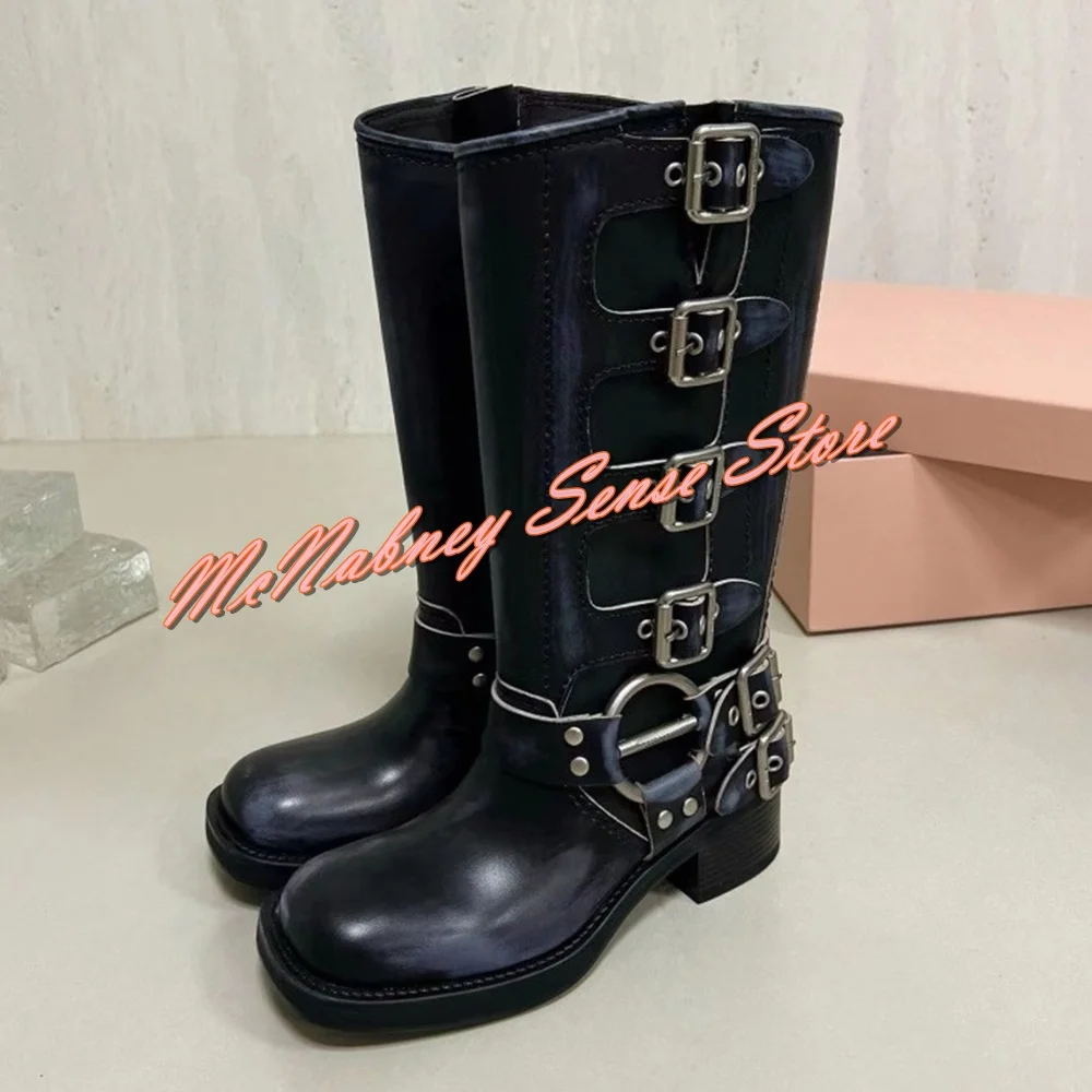 Retro Brown Chunky Heel Boots Metal Buckle Platform Knee High Boots Women Sexy Shoes Solid Leather New Style Winter Banquet Shoe