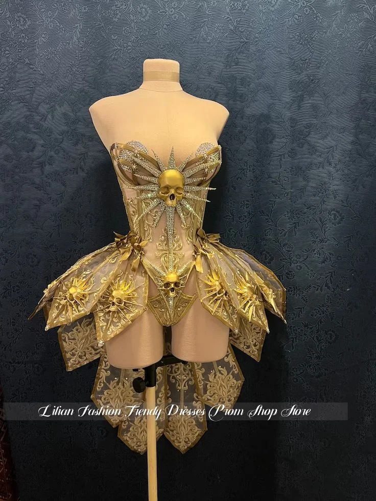 Customised Gold Strapless Sparkling Cocktail Dress Sparkling Skull Mini Prom Dress Special Occasion Evening Gown Cosplay Costume