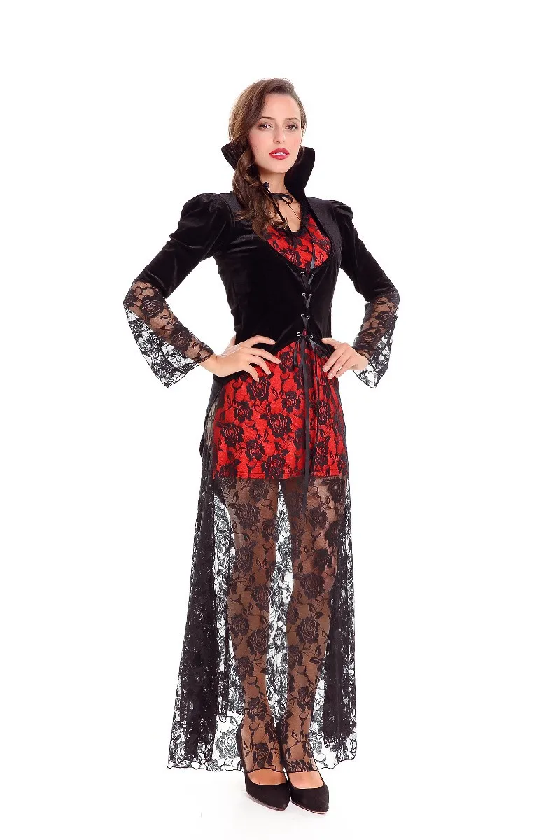 Disfraz de bruja de vampiro para mujer adulta, traje Sexy de encaje con cuello levantado para fiesta de Carnaval y Halloween