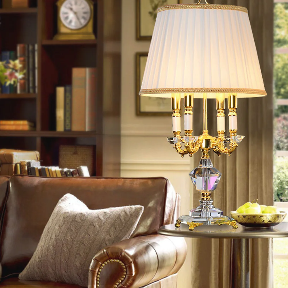 European Vintage K9 Crystal Table Lamp Luxury Gold Bedside Desk Light with Fabric Shade for Bedroom Living Room Palace Decor