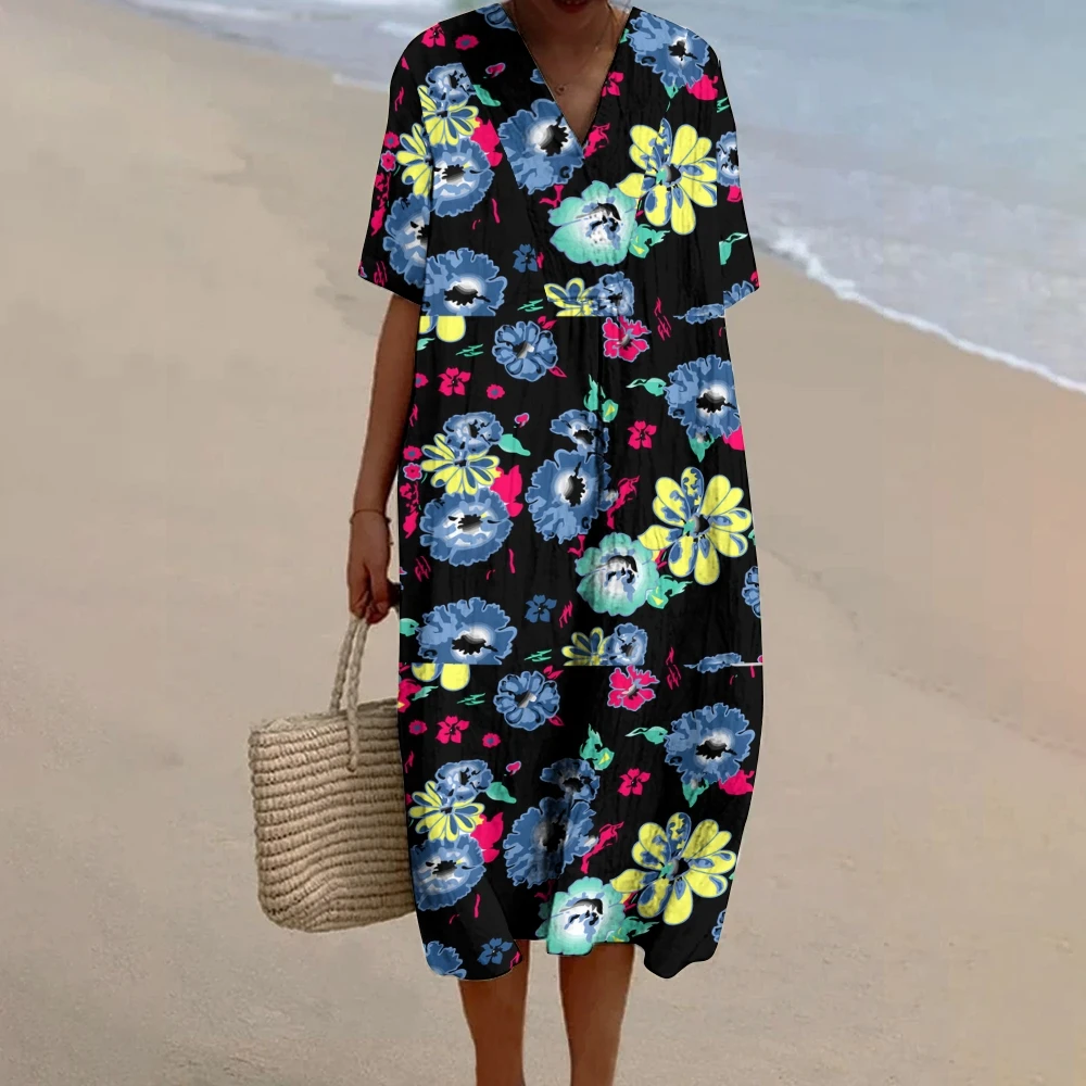 

Black Women's Dress Casual Loose V-Neck Flower Graphic Print Long Dress Trendy New Beach Vacation Party Dresses