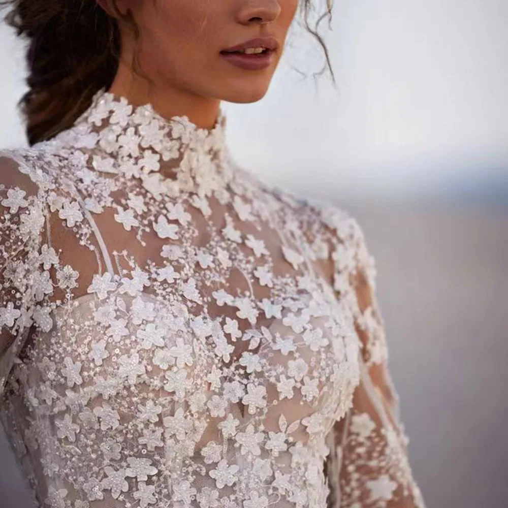 Elegant A Line Boho Bridal Gown For Women  High Neck Long Sleeve  Lace Appliques Wedding Dress Customized Princess Dresses