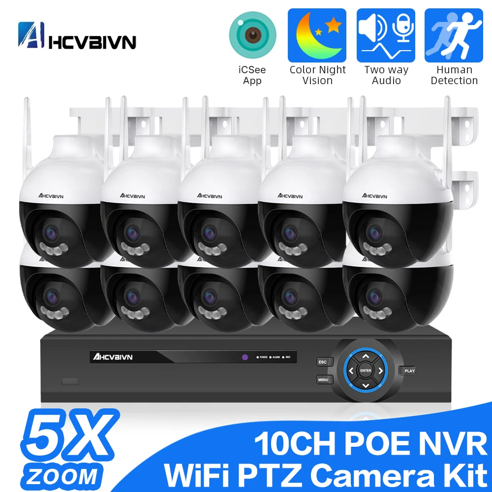 10CH 4K NVR With Color Night WiFi PTZ Camera 8MP Outdoor Auto Tracking IP Security Camera Two Way Audio Video Surveillance Kit