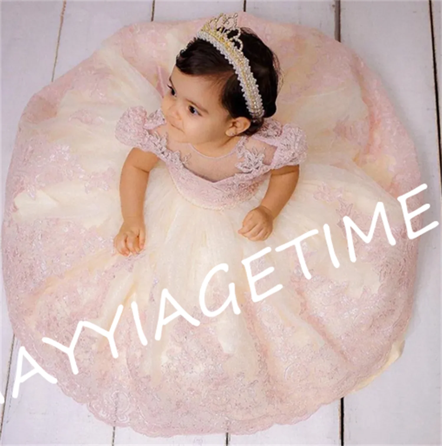 Cute Pink Lace Flower Girl Dress Baby Toddler Tulle Birthday Gown Kids Clothes For Wedding Birthday Party Short Sleeve Gown