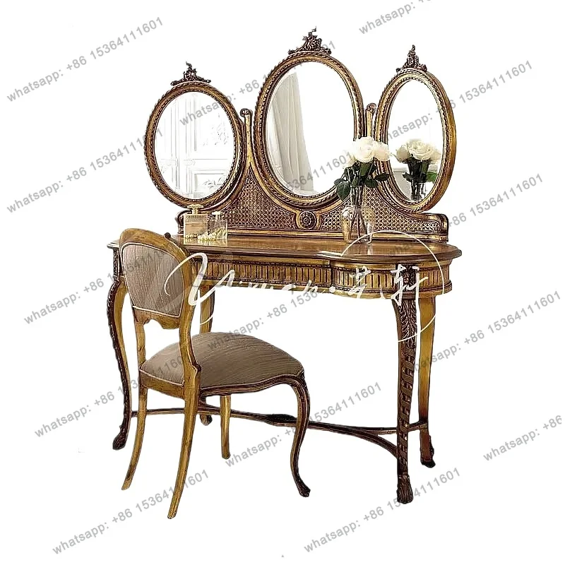 YJ French Vintage Solid Wood Dressing Table European Carved Rustic Rattan Mirror Luxury Princess Vanity Desk
