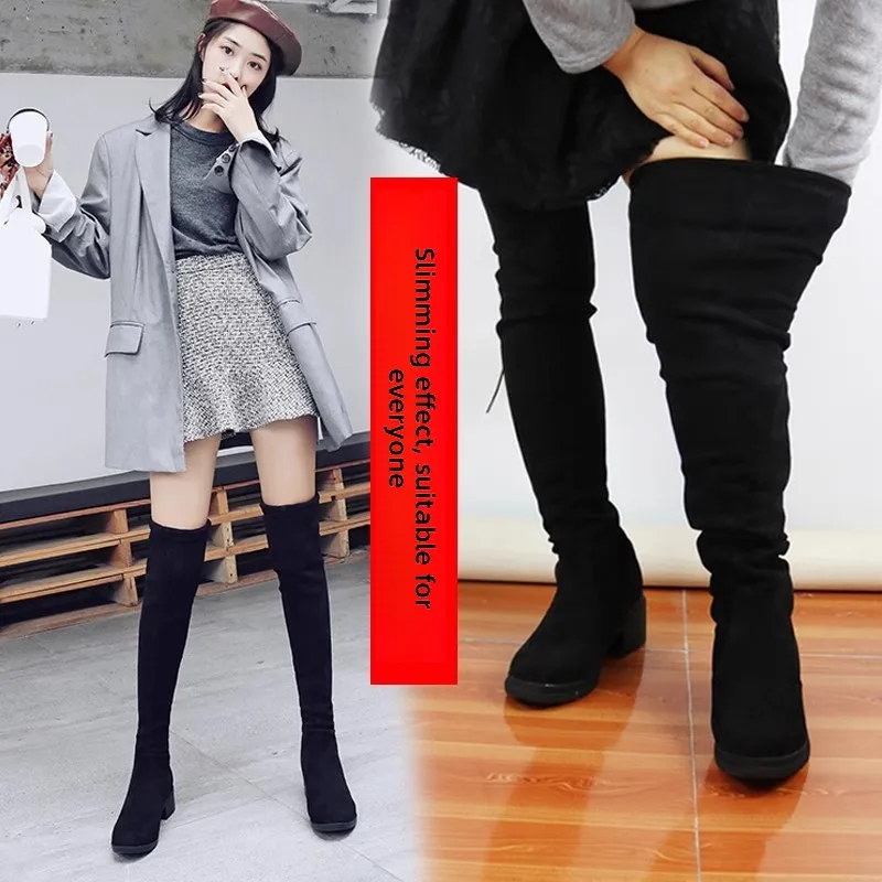 أحذية طويلة مرنة للنساء مقاس كبير، أحذية طويلة نحيفة للشتاء، دافئة بمقدمة مستديرة ونعل مسطح من المطاط