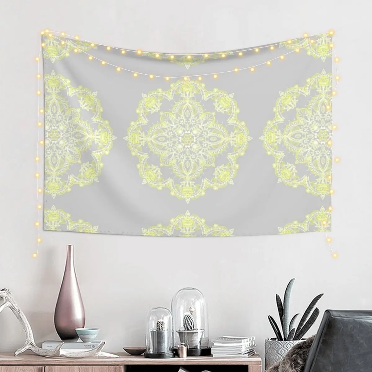 Pale Lemon Yellow Lace Mandala on Grey Tapestry Room Decor For Girls Aesthetic Room Decoration Tapestry