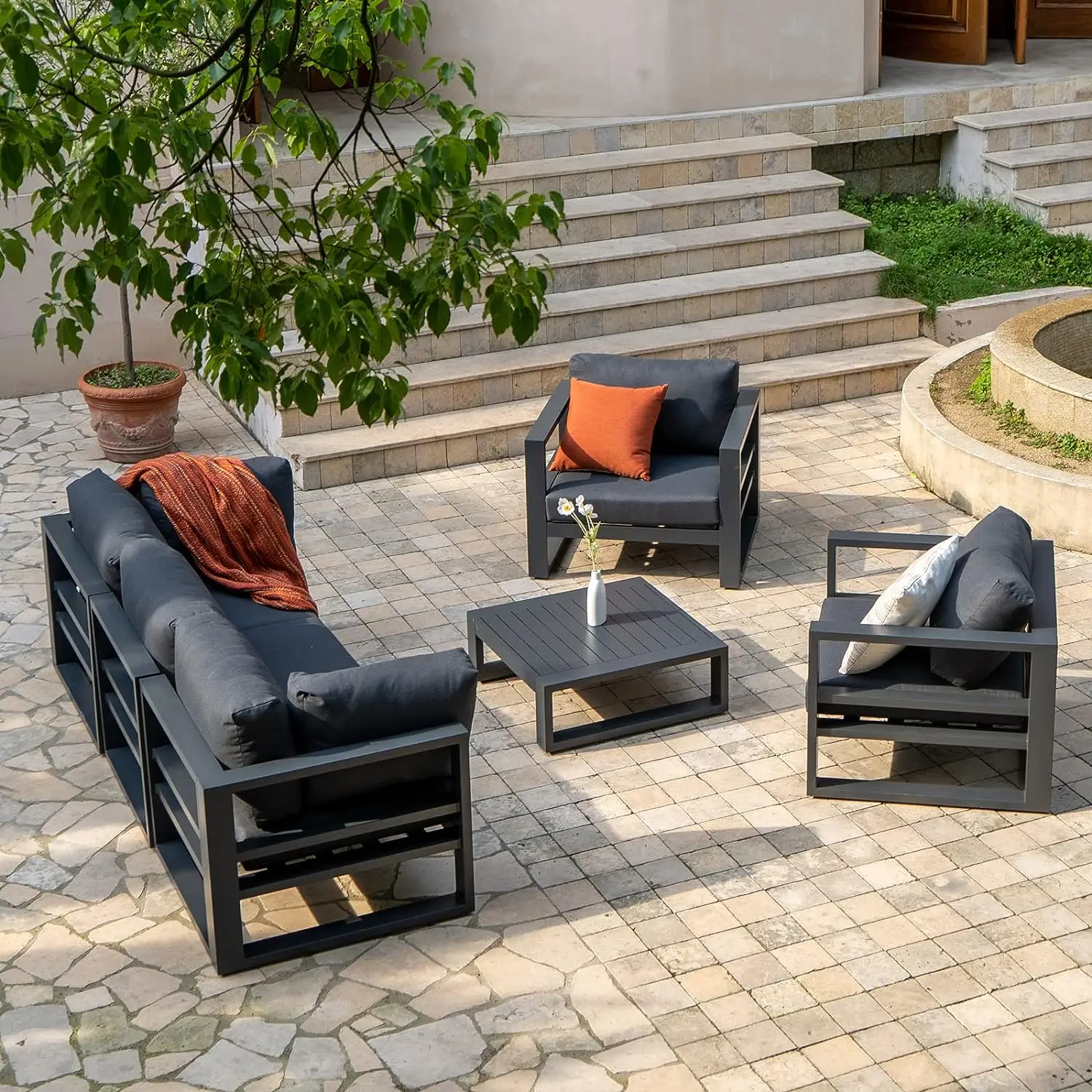 

Metal Outdoor Conversation Set 6 Pcs Aluminium Lounge Patio Furniture Modular Sectional Seat with Coffee Tables Garden Sofa Set