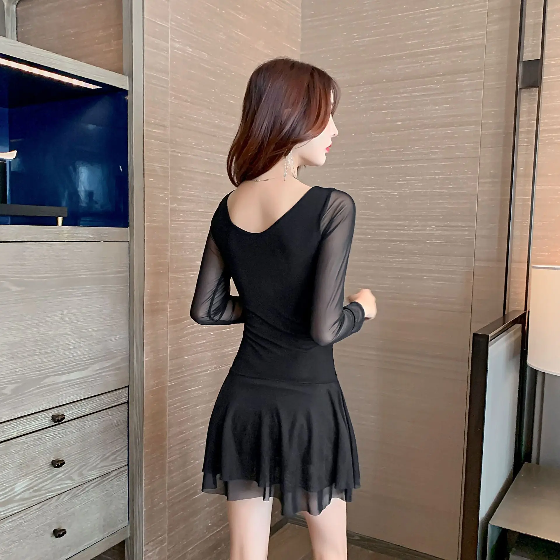 Fashion New Spring Summer Office Lady Deep V-Neck Long Sleeve Dress Sexy Girl A-linePleated Mesh Hip Skirt Woman Party Clothes