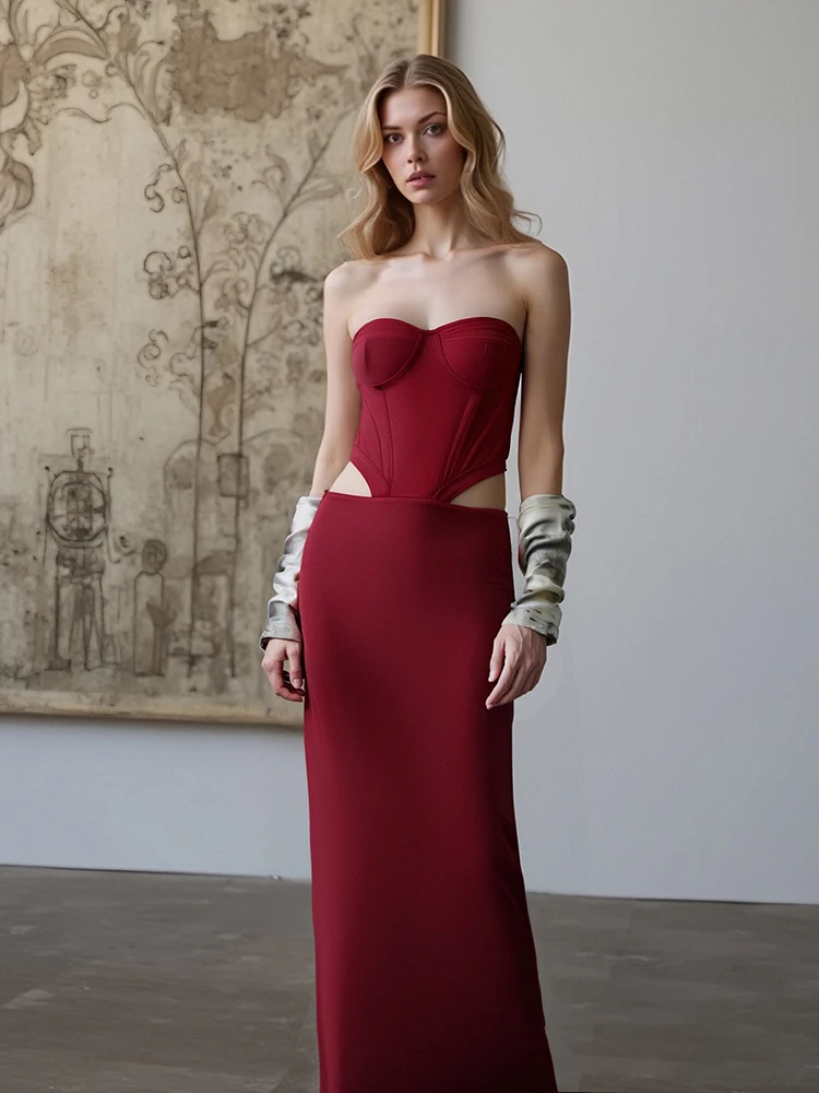 Vestido Bandage calado sin tirantes para mujer, vestido Sexy rojo vino sin mangas con espalda descubierta, vestidos ceñidos recortados, vestidos de fiesta para Club de celebridades