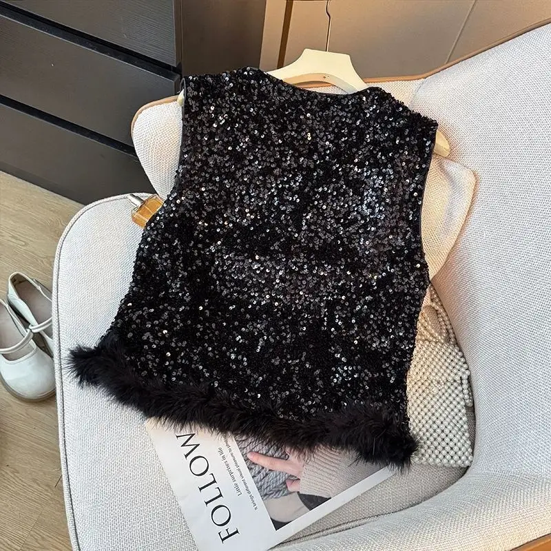 French Temperament Autumn V Neck Spliced Tassel Vest Luxury Sequin Elegant Fashion Single Brested Camis High Street Women Coat
