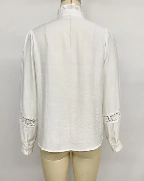 เสื้อผู้หญิง 2026 ใหม่ ฤดูใบไม้ผลิ ฤดูใบไม้ร่วง สีพื้น เรียบหรู แต่งลูกไม้ คอตั้ง แขนยาว สไตล์ลำลอง สีขาว