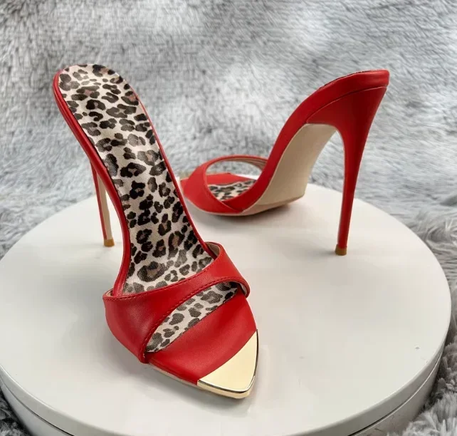 Novedad de verano, zapatos interiores rojos versátiles y sexys de tacón alto con pedrería y dedos expuestos para mujer, sandalias con estampado de leopardo