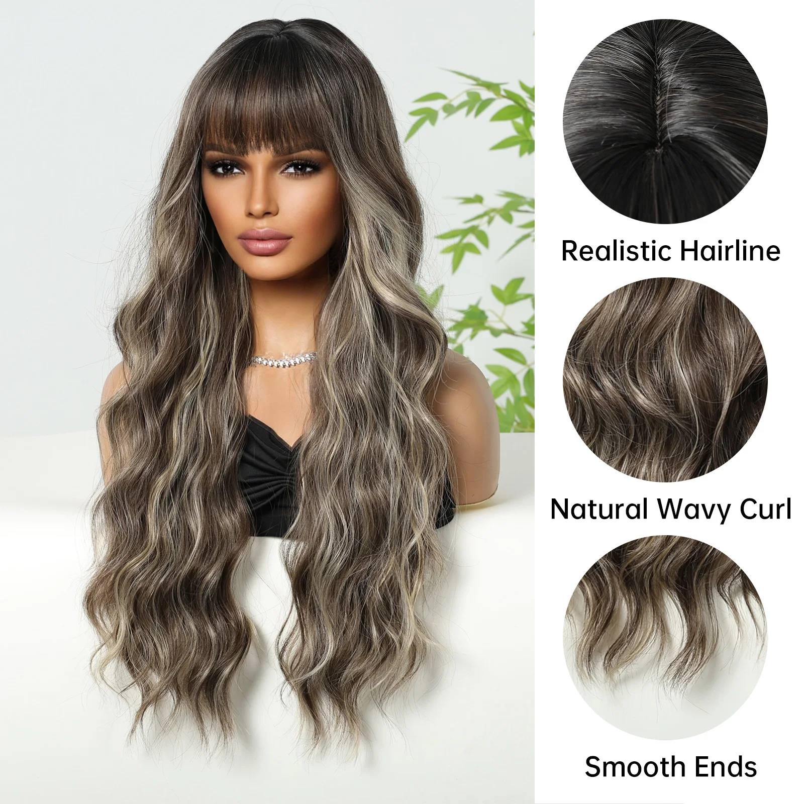 Long Synthetic Brown to Blonde Highlight Wavy Wig for Black Women Wigs with Bangs Natural Christmas Party High Temperature Fiber