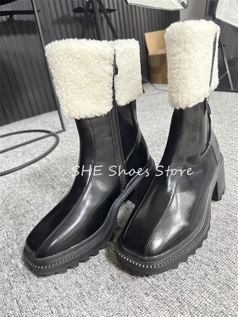 Winter Warm Wool Splicing Leather Shoes Women Snow Boots Retro Round Toe Chunky Heel Knight Boots Ladies Casual Mid-Calf Boots