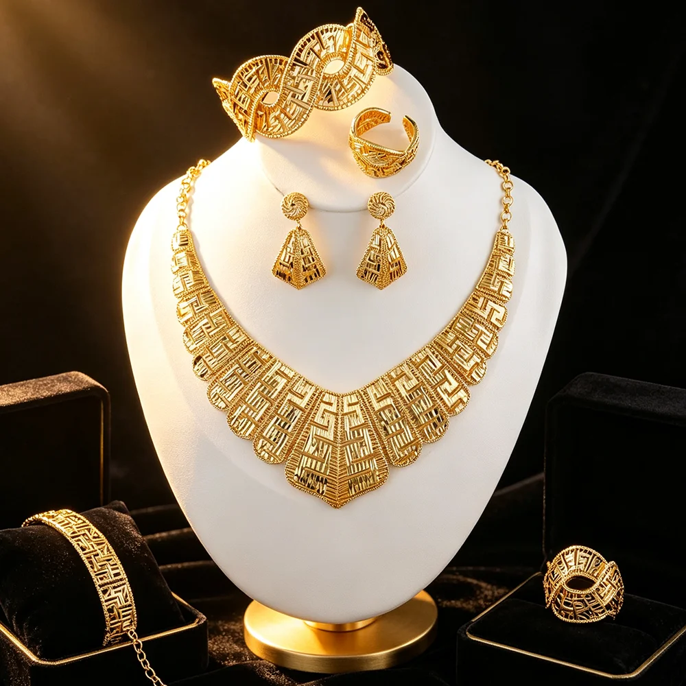 Luxury Hollow Geometric Gold Plated Jewelry Set For Women Dubai African Bridal Necklace Earrings Bangle Ring 4Pcs Wedding Party