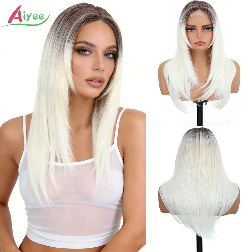 AIYEE 24 Straight Lace Front Wig Blonde Platinum Brown Highlight Ombre 3x4 Synthetic High Temp Fiber Cosplay Women Hairpiece