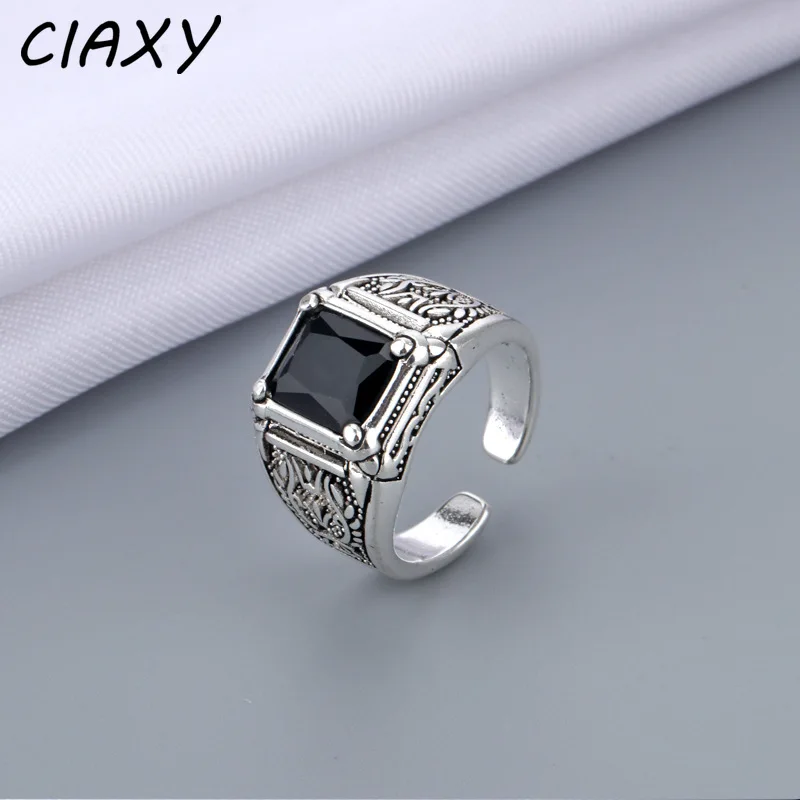 CIAXY Vintage Black Square Crystal Finger Rings for Unisex Personality Adjustable Open Ring Thai Silver Party Jewelry