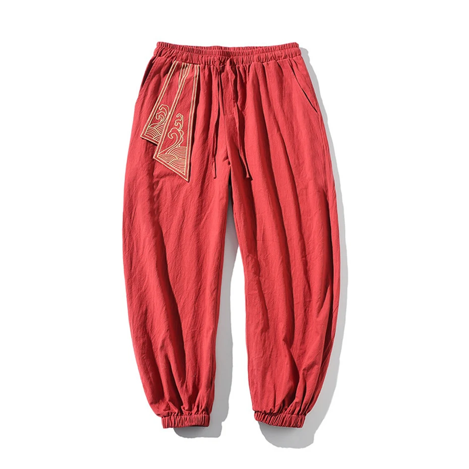 Harem Pants Men Jogger Sweatpants Fashion Casual Chinese Style Pants Belt Design Trousers Elastic Waist