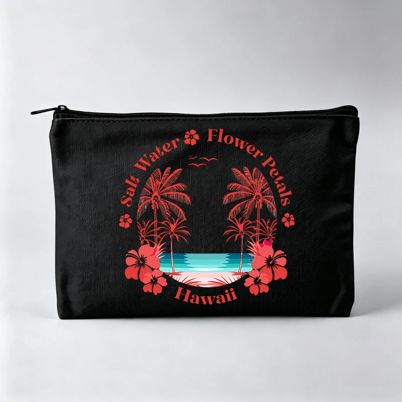 Women's Tropical Palm Tree & Hibiscus Print Makeup Bag, Floral Beach Style Cosmetic Pouch for Daily Use