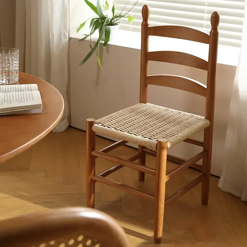 Pre-loved rope knitted solid wood dining chair vintage coffee shop backrest woven home makeup casual cherry shak chair