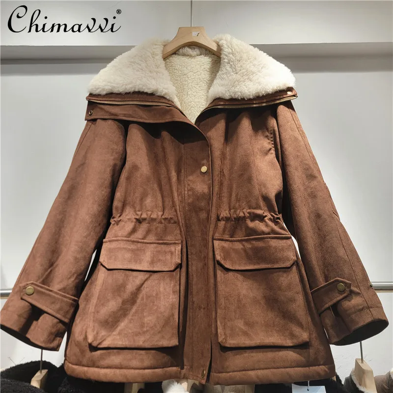 

American Style Fashion Retro Thick Warm Overcoats Turn-down Collar Lace-up Slim Versatile Brown Winter Parka Jackets for Women
