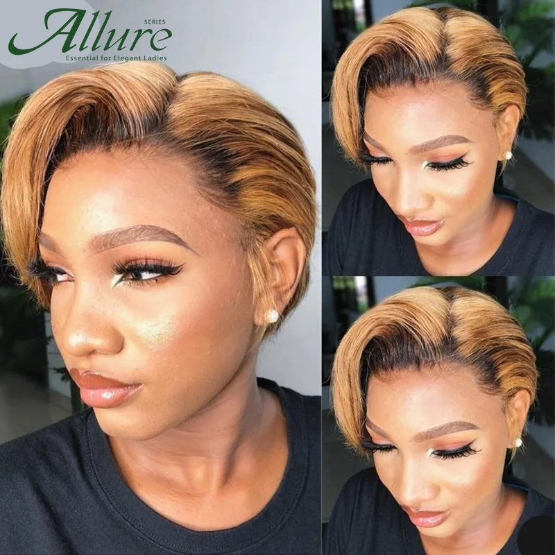 

Short Brown Pixie Cut Bob Lace Front Human Hair Wigs Transparent Pixie Bob T Part Lace Wigs Ombre Blonde Wigs For Women Allure