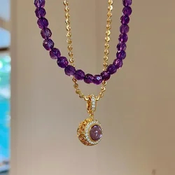 Retro palace style amethyst purple round bead necklace diamond inlay double layered style luxury collar chain wedding jewelry