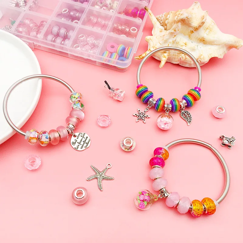 DIY Bracelet Jewelry Making Kit For Children Christmas Birthday Gifts Girl Present Big Hole Crystal Alloy Beads Box Set