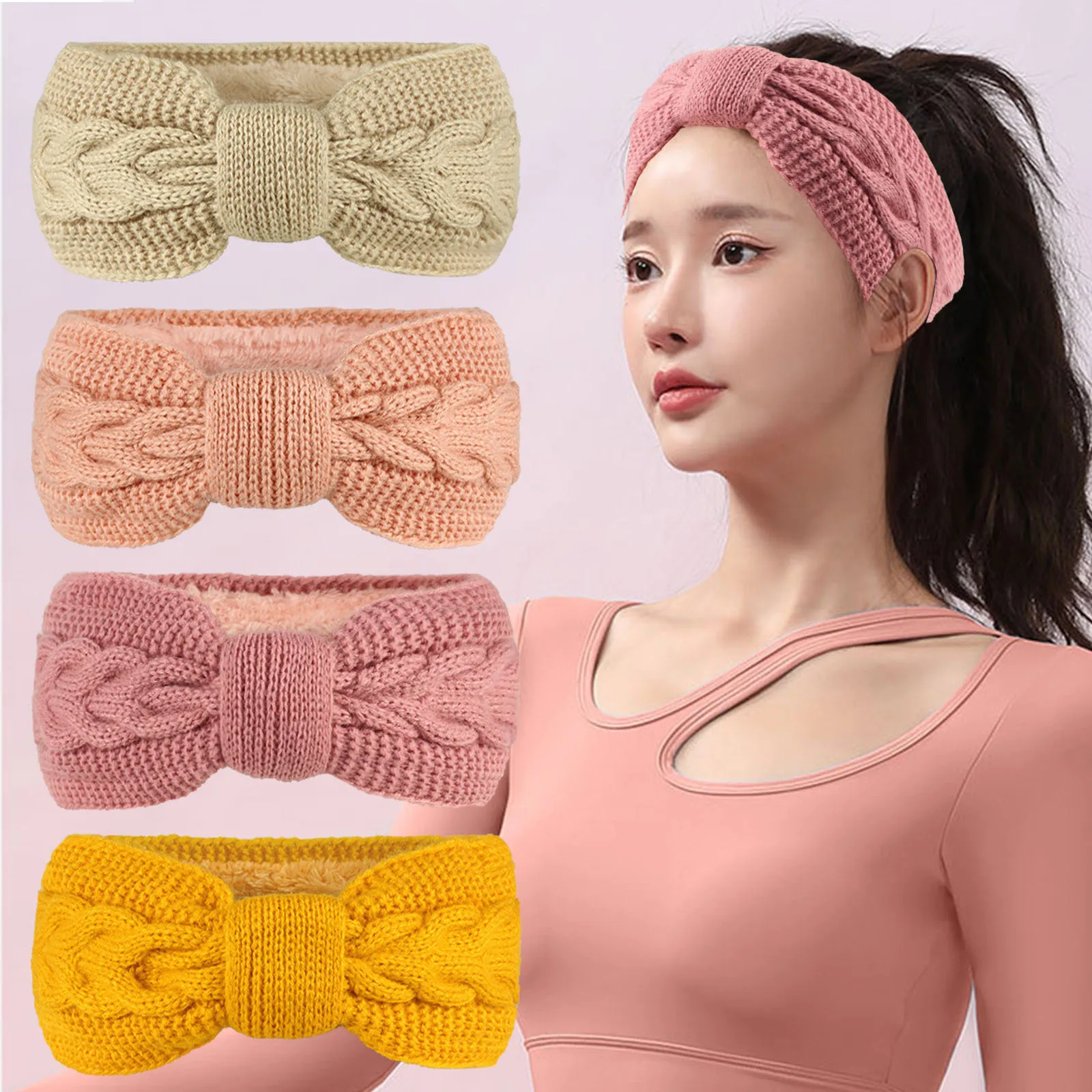 Fashion Warm Wool Lining Knitting Headband For Women Spring Autumn Twists Shaped Bow Hair Bands Thermal Ear Warmers Yoga Turbans