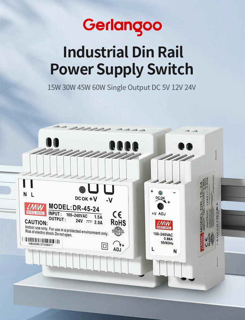 DR Schaltnetzteil mit Einzelausgang DC 5V 12V 24V Industrielles DIN-Schienen-Netzteil 100-240VAC DR-15 DR-30 DR-45 DR-60 – Detail 1