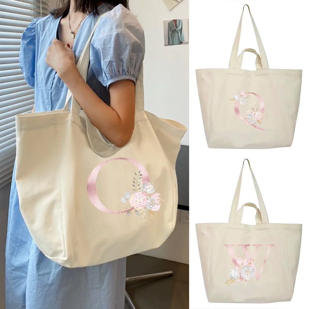 

Повседневные сумки для покупок с розовым цветком и буквами, большая вместительная сумка на плечо, студенческая повседневная сумка для кампуса, универсальная сумка для хранения