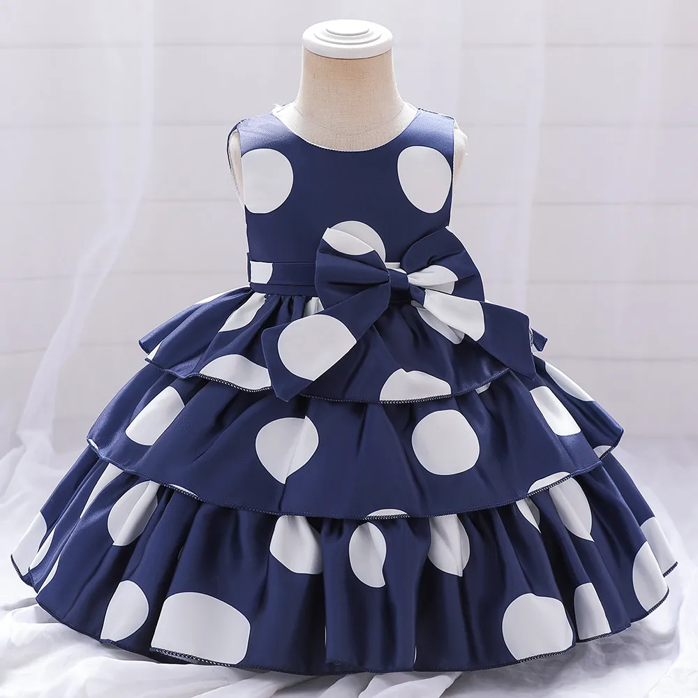 Girl Polka Dot Cake Dress Sleeveless Wedding Birthday Costumes For Kids Children Fashion Bow Ball Gown Evening Prom Gown Clothes