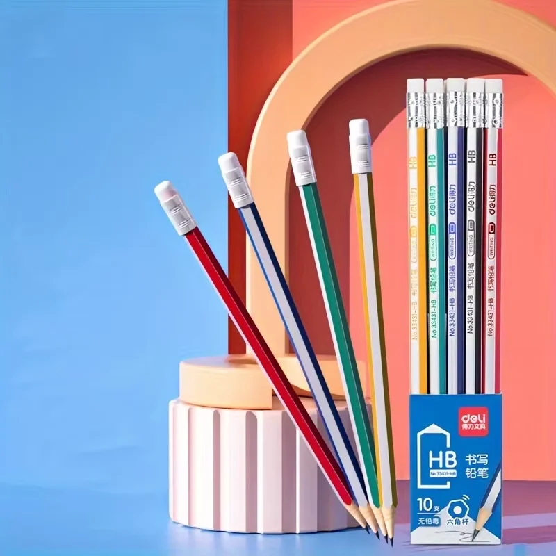 DELI Schulprüfenstifte mit Radiergumspitzen, 10-teiliges Set HB und 2B-Sechskantstifte aus Holz für Studenten – Detail 1