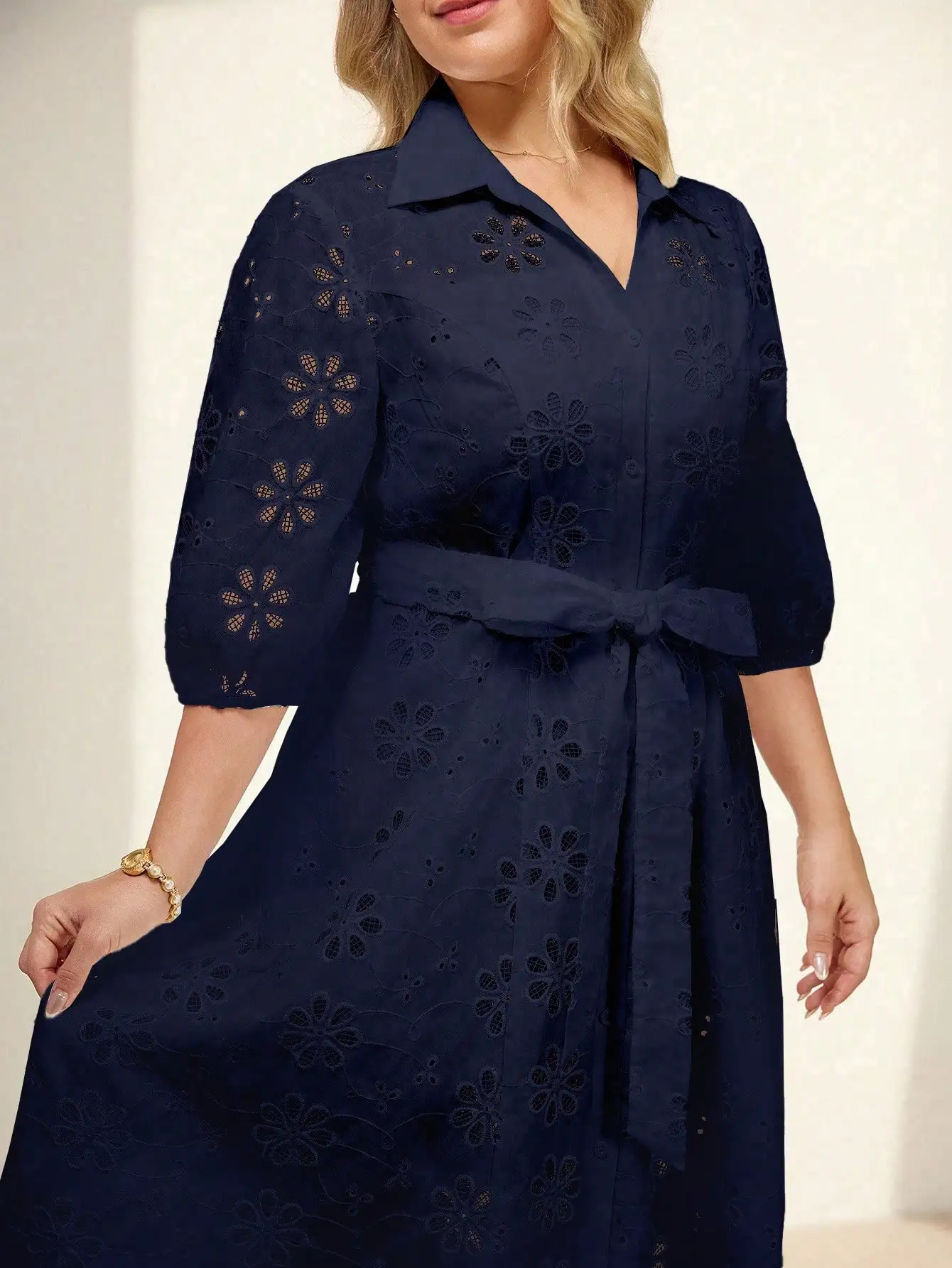 

Elegant Navy Blue V-Neck Hollow Embroidery Lantern Sleeve Wrap Dress With Belt
