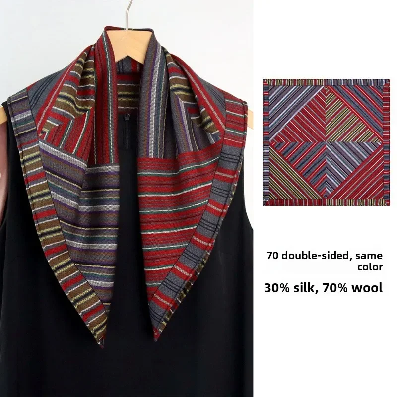 Multi Color Diagonal Striped Square Scarf 65x65CM 30% MULBERRY SILK 70% WOOL Scarf Double Sided Neck Wrap Handbag Decoration