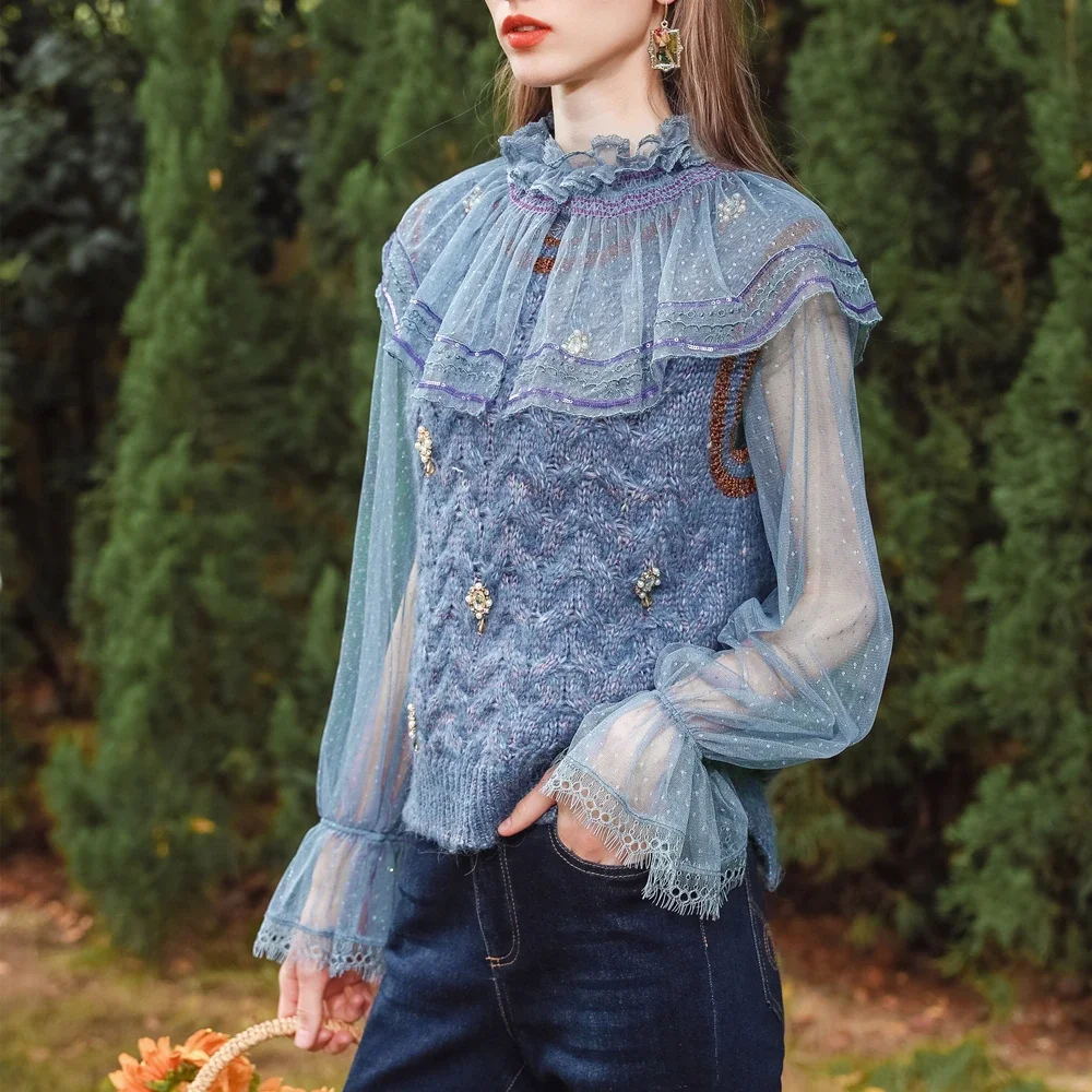 Autumn Winter Korean Style Wide shouldered Lady Sweaters Blue Elegant Vest Sweater With Diamonds