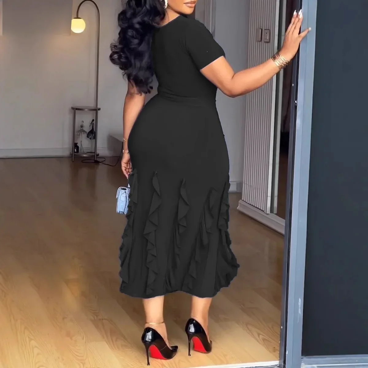 فساتين Dashiki الأفريقية للنساء أنيقة صيفية بأكمام قصيرة من البوليستر باللون الأسود والأزرق فستان طويل ملابس أفريقيا #4