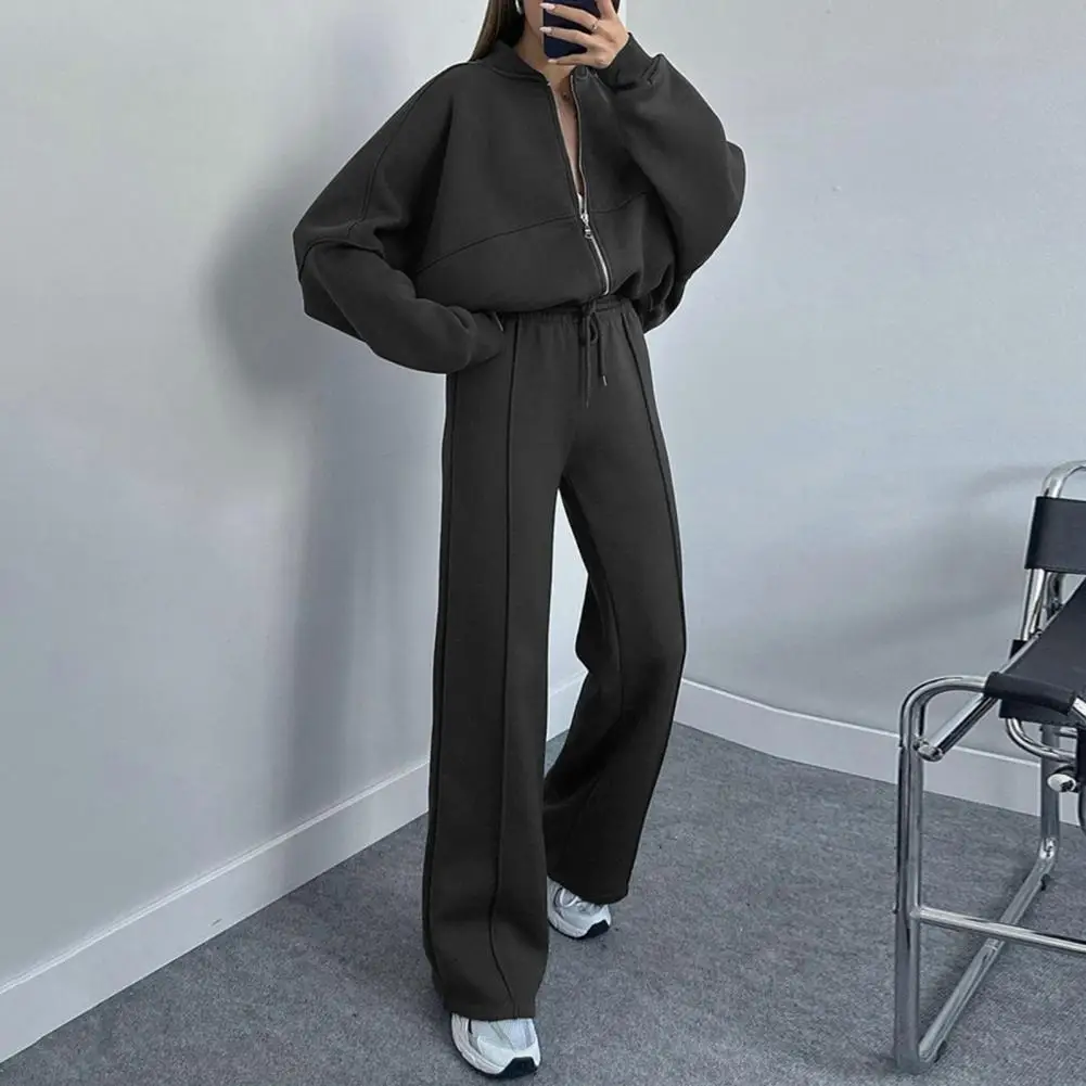 

Women Commuter Long-sleeved Top Women's 2-piece Tracksuit Set with Stand Collar Coat Wide Leg Pants Zipper Closure Long Sleeve