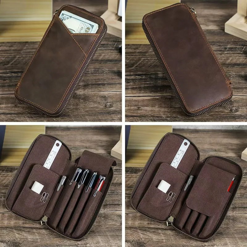 Retro Crazy Horse Leather Pen Box 4-pack Handmade Multi functional Zipper Genuine Leather Student Stationery Box