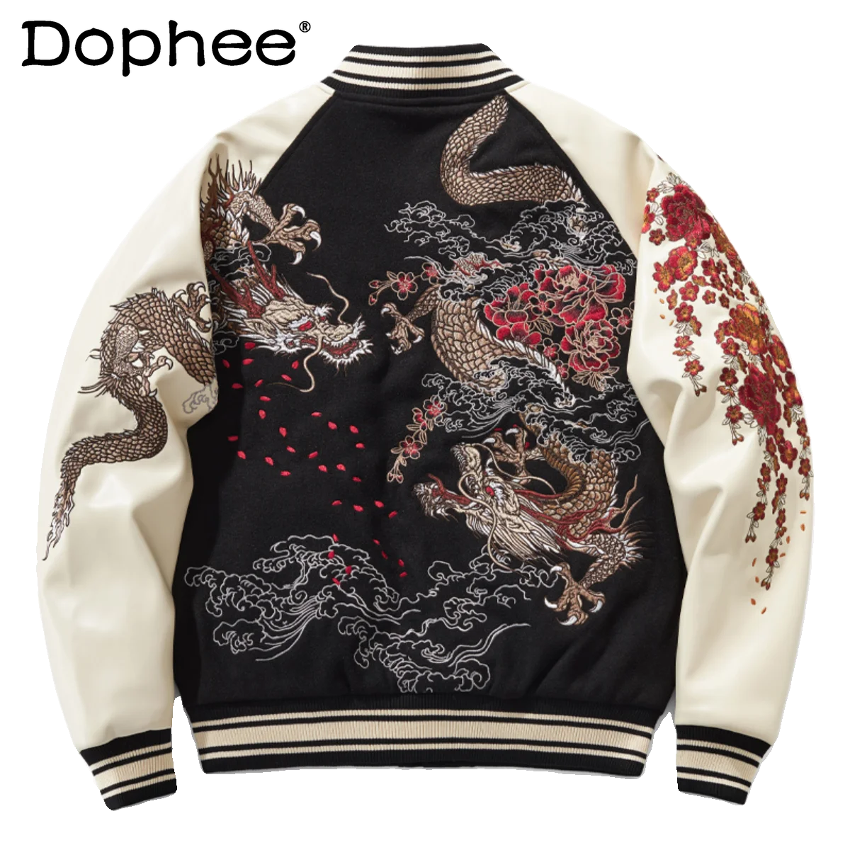 2024 Dragon Embroidered Cotton-padded Clothes Men's Trendy Parkas Spliced Leather Jacket Chinese Style Yokosuka Long-sleeve Coat